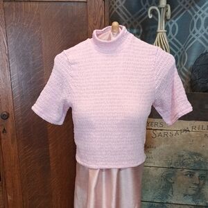 Soft Pink Fully Smocked Mock Turtleneck Short Sleeve Cropped Top Expresss L